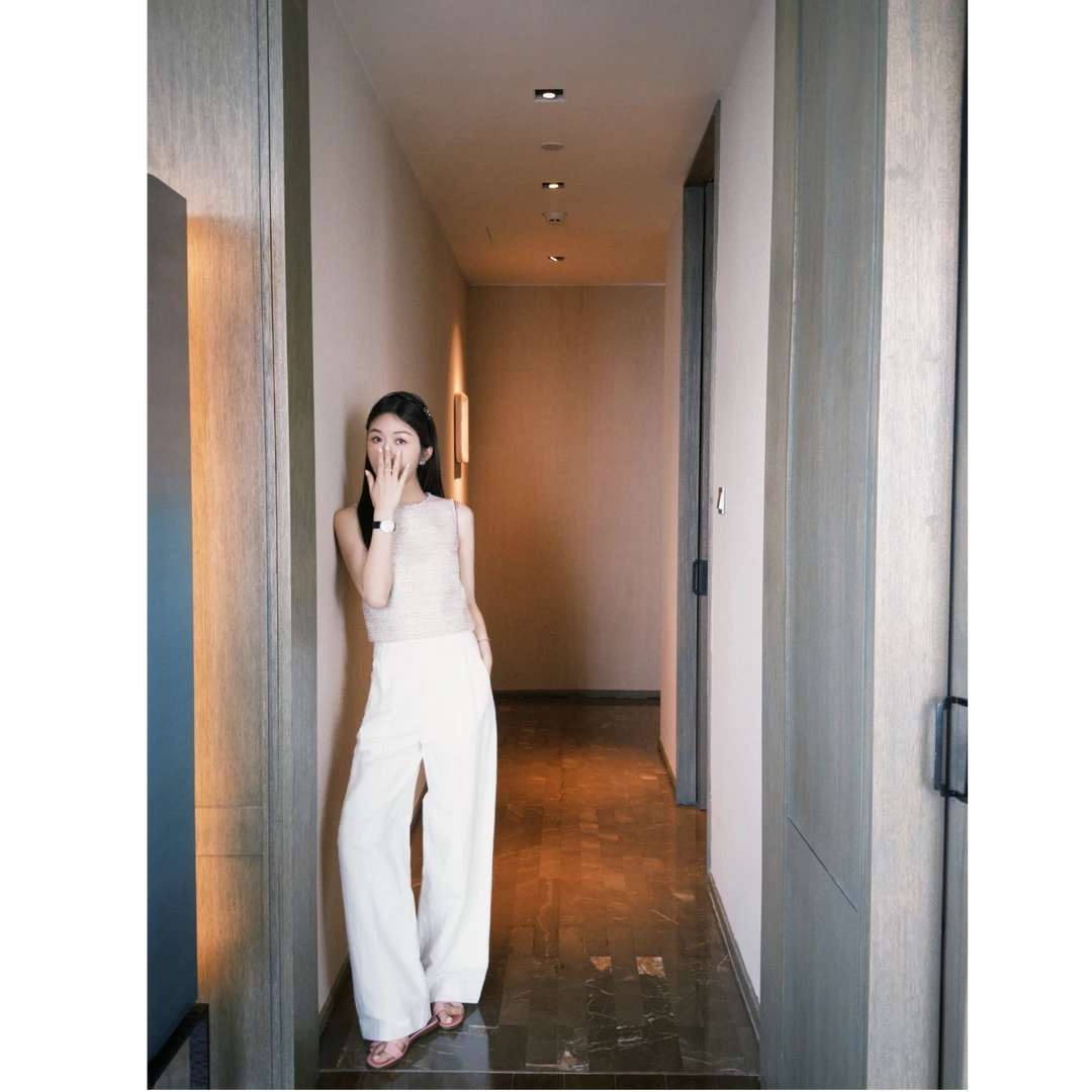 沙伦玫瑰 小香风亮片粗花呢钉珠无袖背心上衣