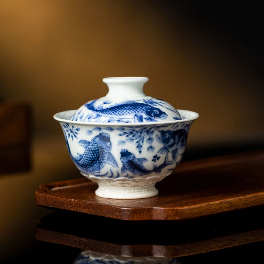 〖瑶瑶甄选〗望月怀古满绘鱼藻雕刻盖碗手绘WYHG0131景德镇陶瓷茶器