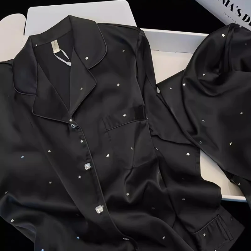 法式黑色长袖冰丝睡衣女春秋款2025新款网红高级感大码家居服套装