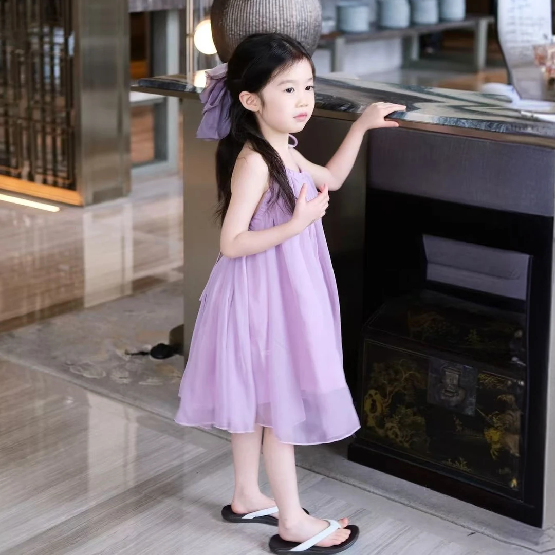 现货2025夏季韩版童装女童法式度假风无袖洋气连衣裙挂脖公主裙