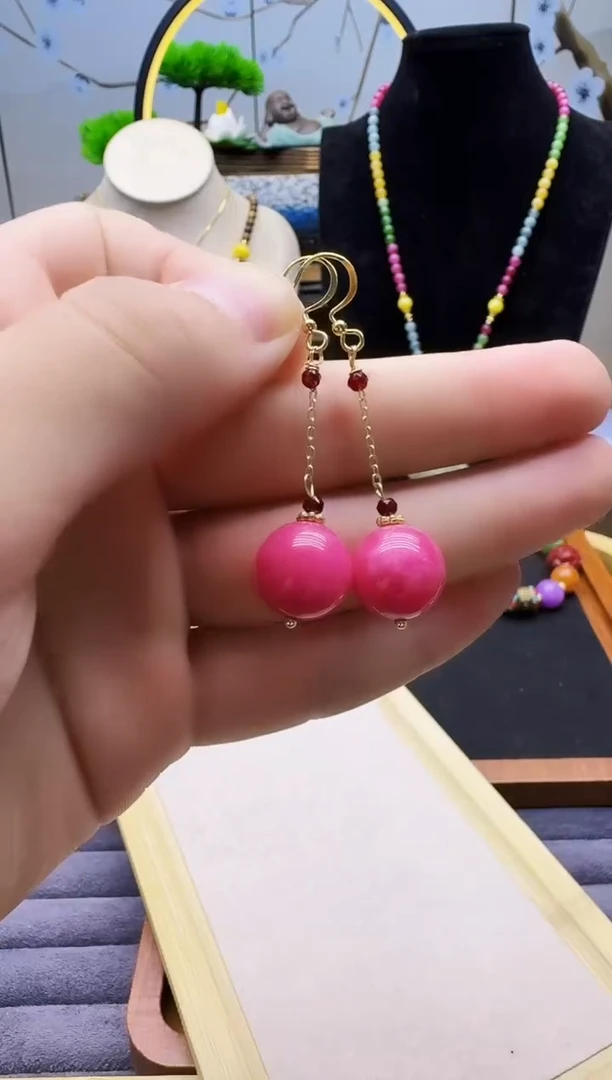 菱锰矿（红纹石）14K金镶嵌耳钉E159