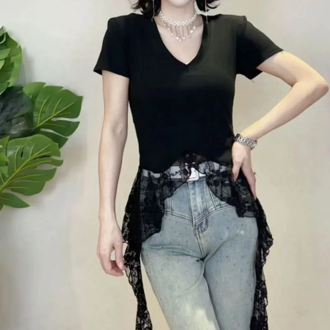 2025夏季新款高级蕾丝拼接收腰百搭V领不规则飘带T恤