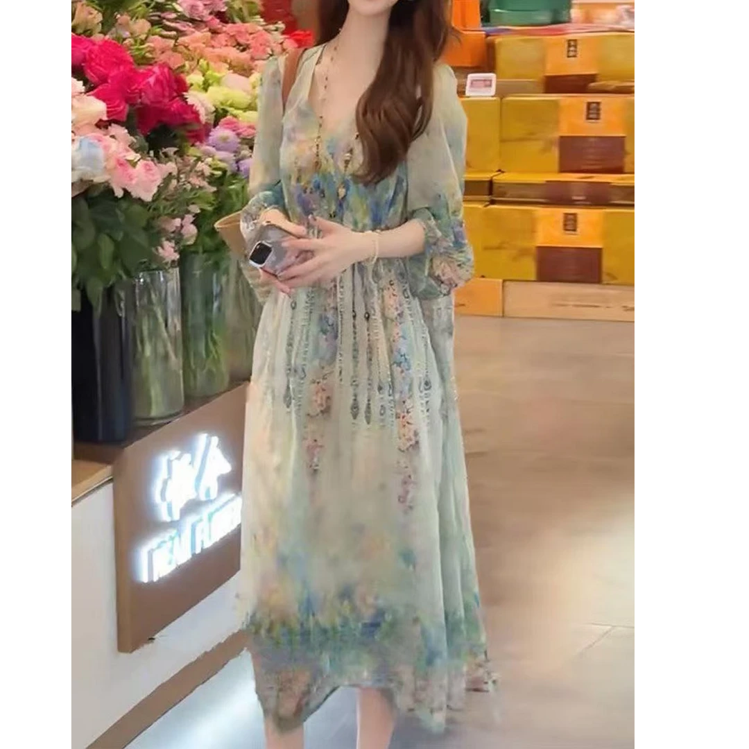 法式气质印花连衣裙长裙女2025夏季新款宽松显瘦碎花两件套A536