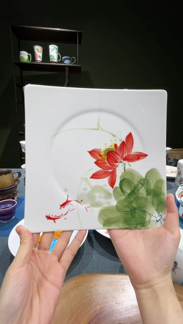 碗景德镇高温釉下彩四方盘荷花鱼