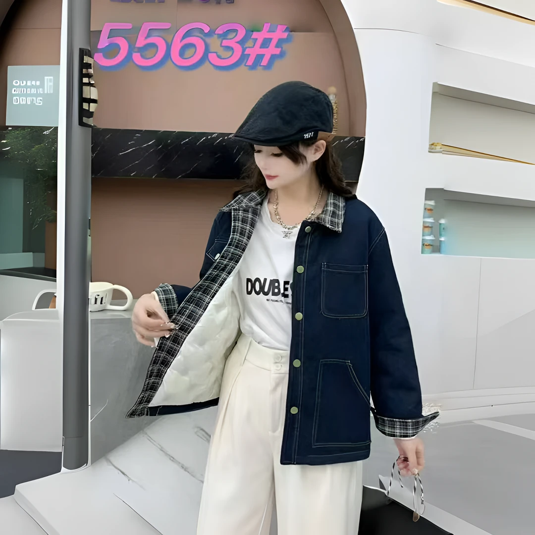 5563衣长63港风丹宁蓝短款牛仔嘎嘎服冬季新款学院风宽松保暖外套