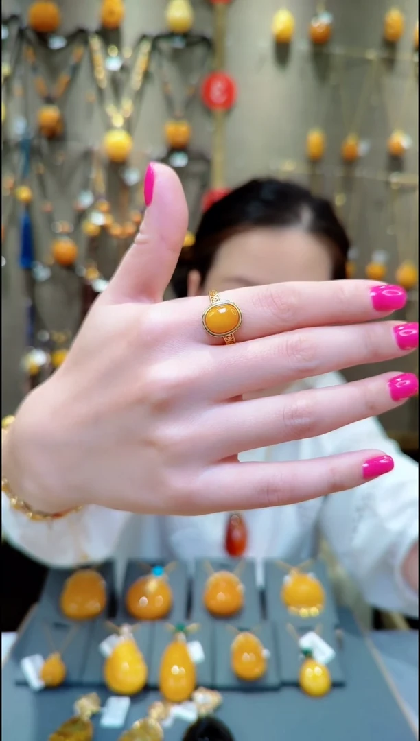 蜜蜡银S925镀金镶嵌戒指﹣E585蜜蜡戒指