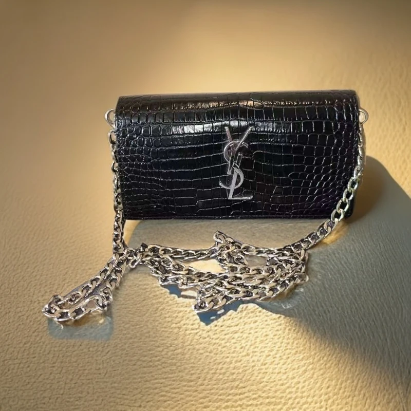 95新 YSL/圣罗兰  黑色鳄压链条包 1430 9753