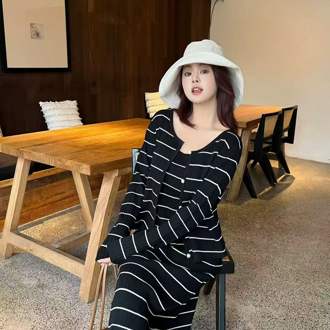 韩国春夏东大门新款针织长裙外搭两件套大码宽松慵懒风套装