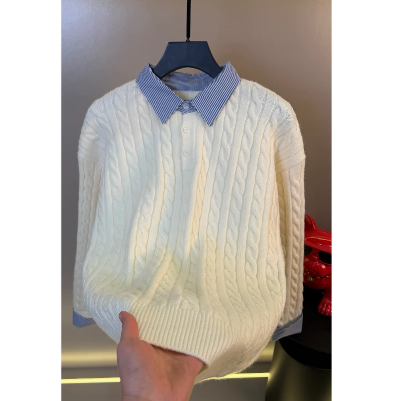 高档新款衬衫领麻花纹假两件毛衣男士秋冬时尚百搭针织衫潮流打底