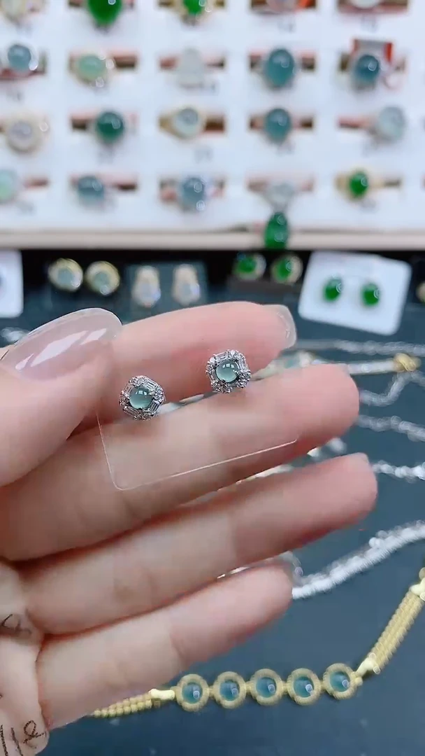 银S925镶嵌翡翠耳饰天然翡翠