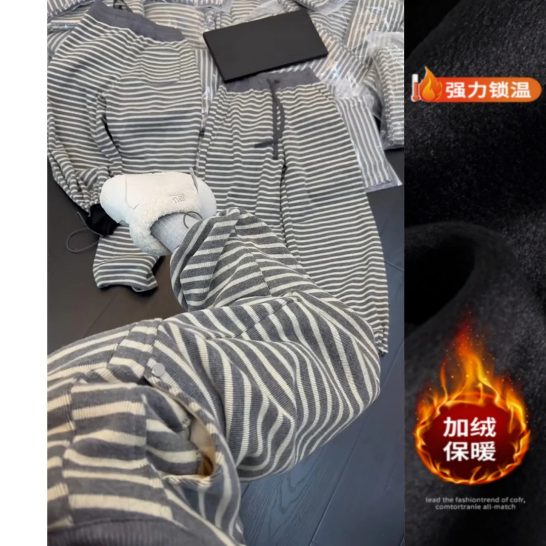 景倩妮韩系百搭条纹休闲裤2025年秋冬新款加绒高腰显瘦束脚阔腿裤