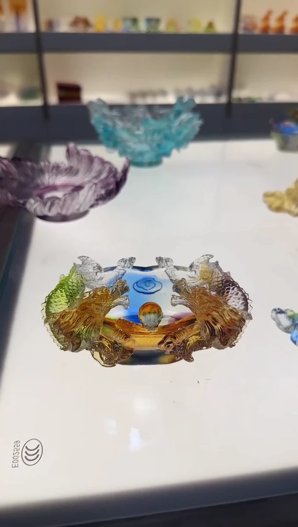 手工艺品琉璃双龙戏珠聚宝盆彩色