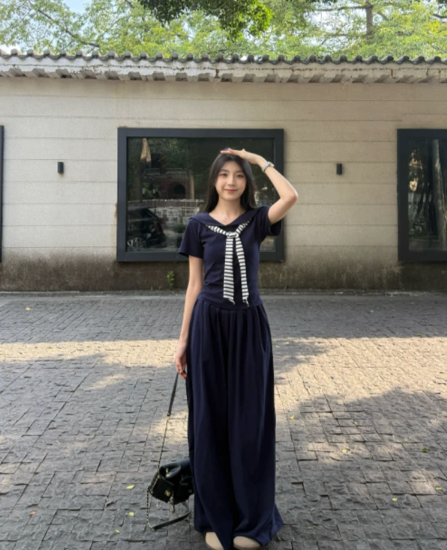 2025夏季新款海军领套头上衣设计感条纹披肩宽松阔腿长裤套装女