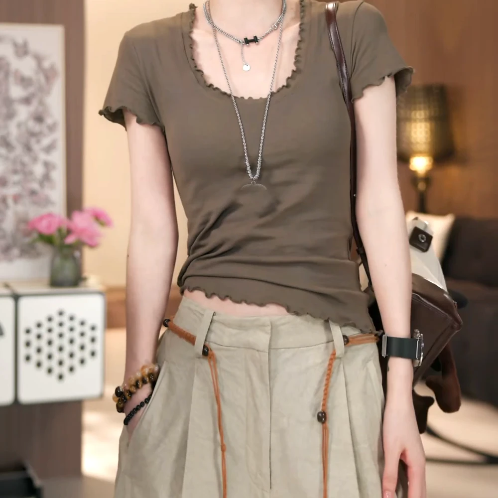 简约正肩U领短袖t恤女2025夏季木耳边辣妹紧身显瘦修身上衣
