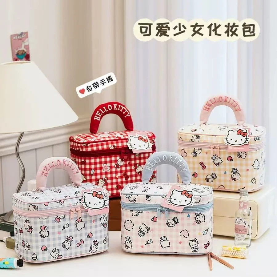 正版三丽鸥格子凯蒂猫化妆包手提包