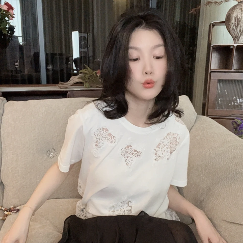 【悦悦专属】小众时尚圆领镂空蕾丝花边T恤Y242