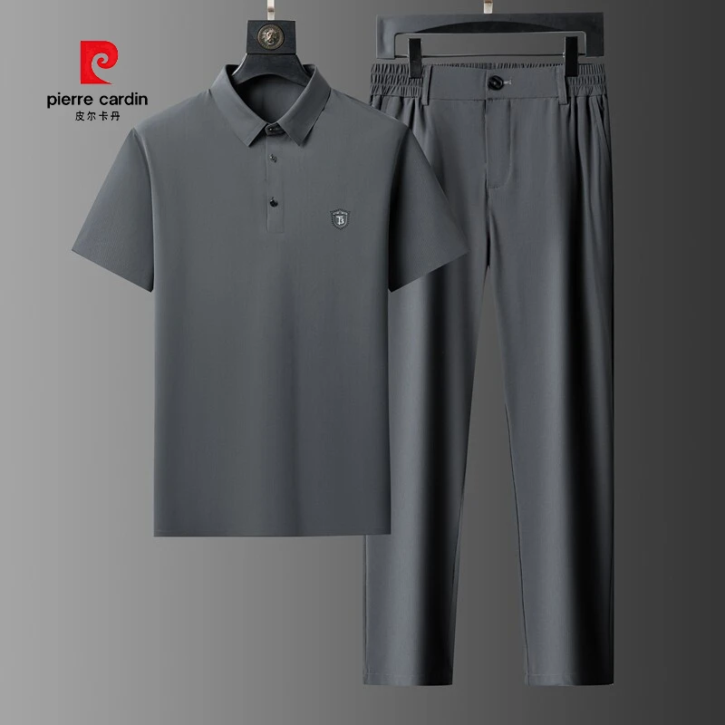 皮尔卡丹夏季中老年冰丝四面弹无痕速干休闲百搭爸爸装短袖两件套