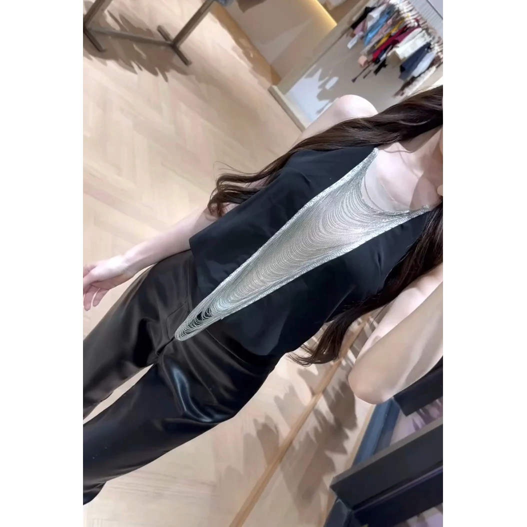 2025年秋冬新款小众设计水钻流苏挂脖露背吊带背心女+高腰皮裤女