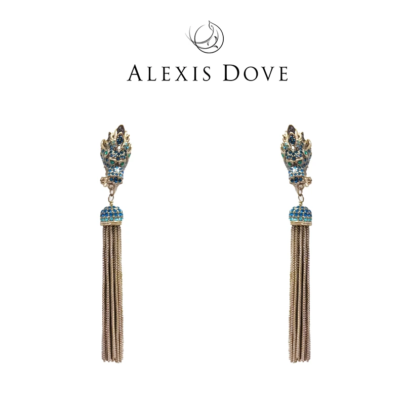 铜合金合成锆石耳饰 重工龙头流苏复古耳拍