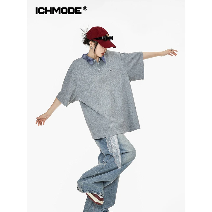 ICHMODE 美式Polo短袖T恤女休闲洋气上衣时尚百搭情侣夏季宽松