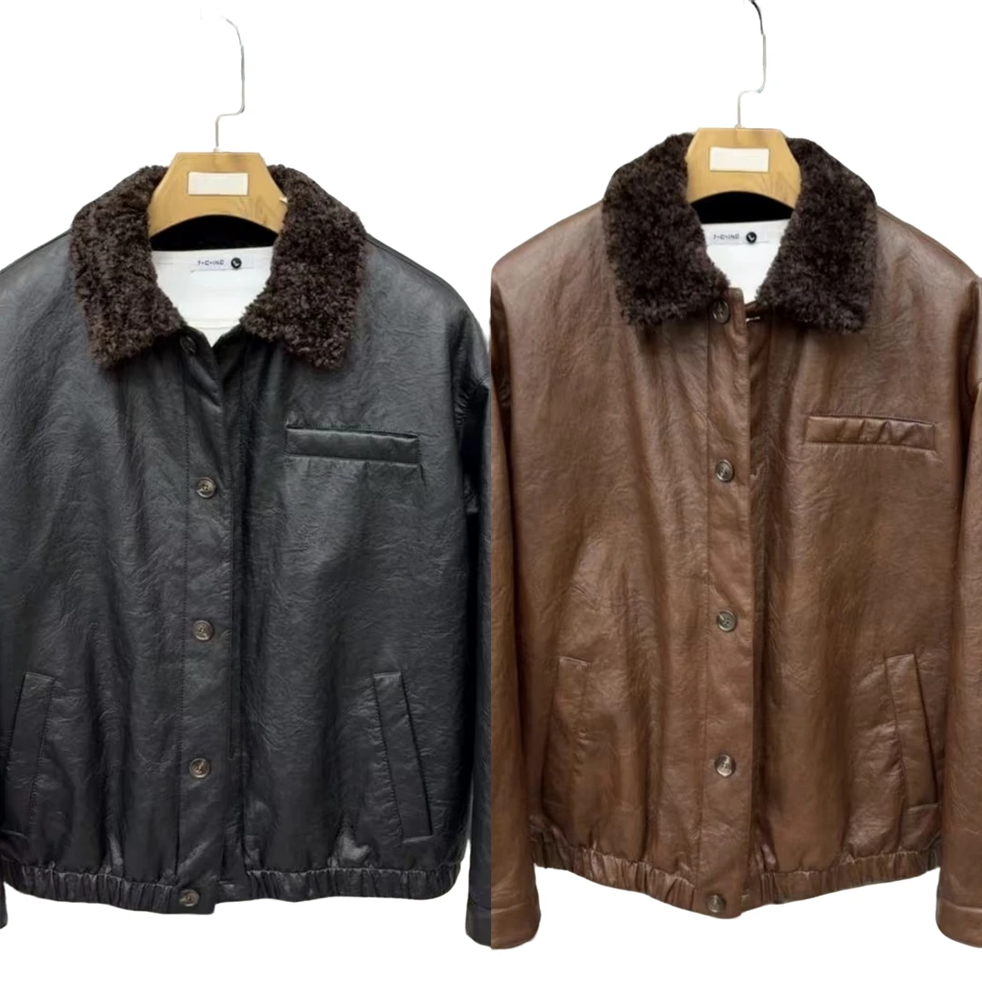 冬季新款男士休闲时尚百搭轻奢翻领加毛翻领皮衣夹克上衣外套保暖