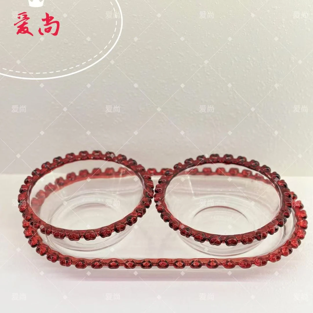 红色爱心双碗盘水晶玻璃家用甜品蛋糕沙拉盘