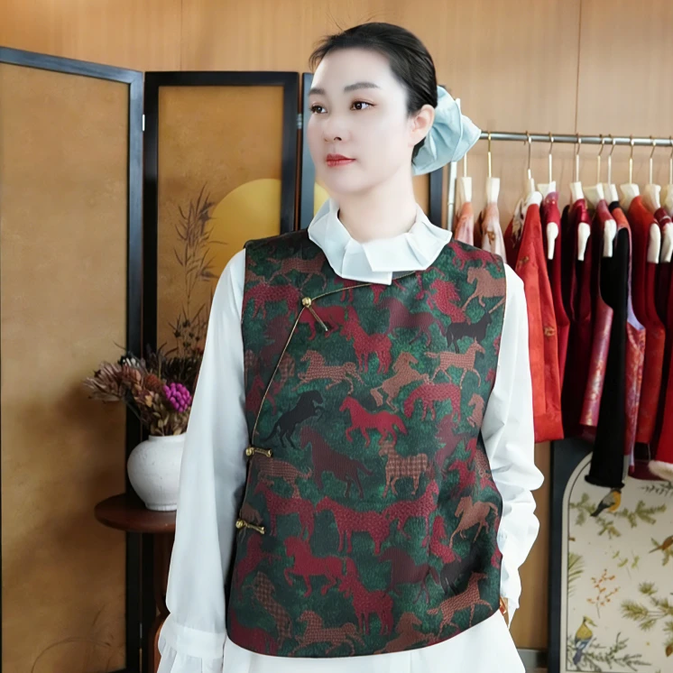 【马到成功】墨墨家高定织锦提花新中式国风早春女马甲上衣