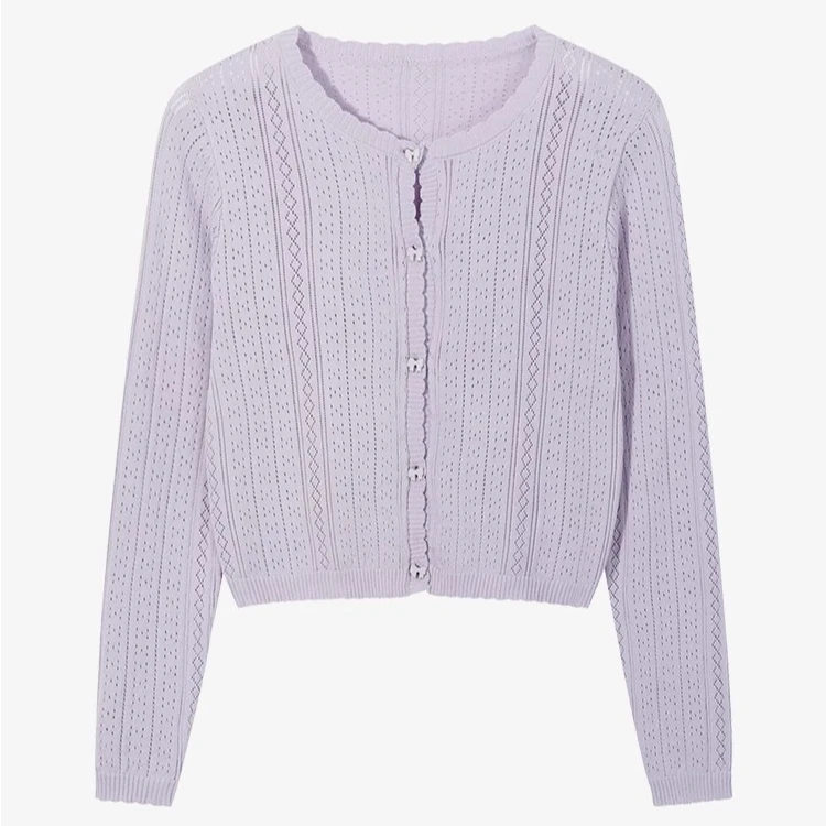 羊城故事-简约纯色蝴蝶结扣针织开衫镂空肌理感修身长袖上衣6617