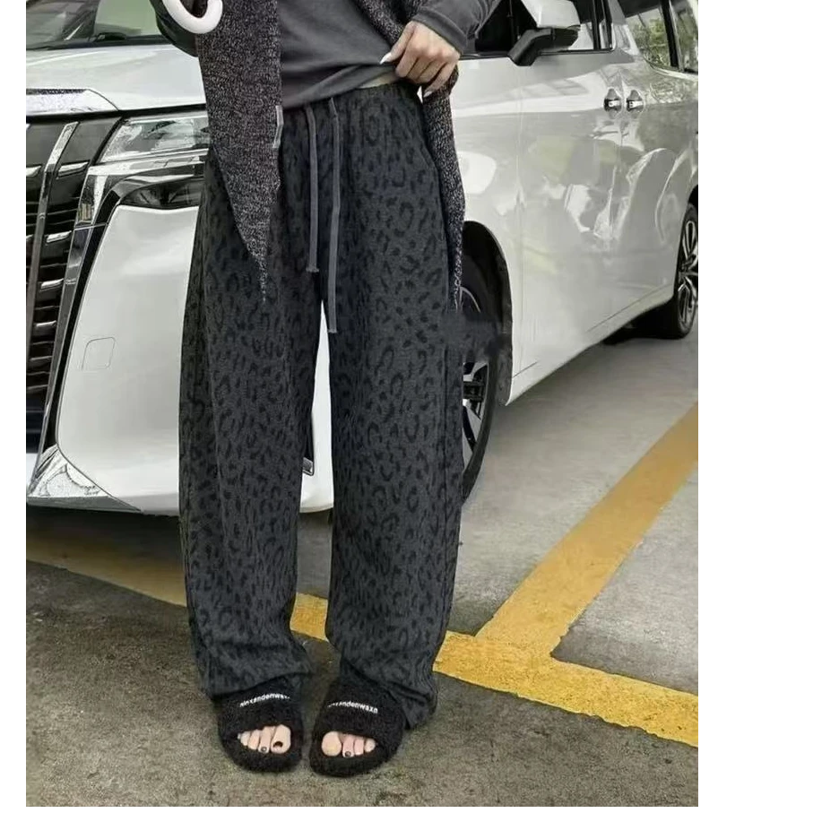 豹纹休闲裤女2025秋冬百搭抽绳松紧高腰加绒加厚长裤99956