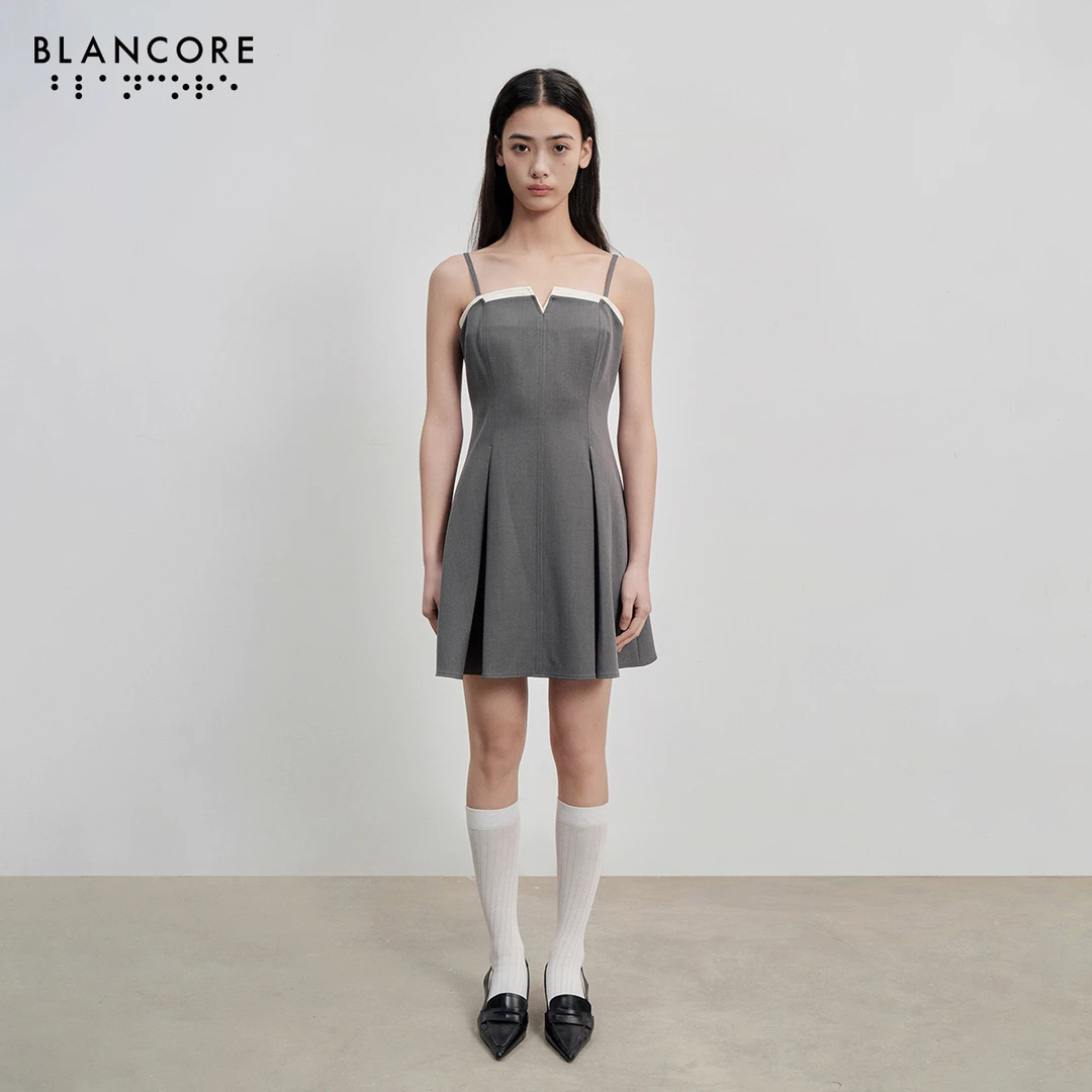 【设计师品牌BLANCORE】夏季新款领边撞色吊带百褶短连衣裙