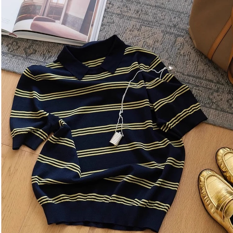 美式复古撞色条纹POLO衫短款正肩上衣女夏季独特别致翻领短袖t恤