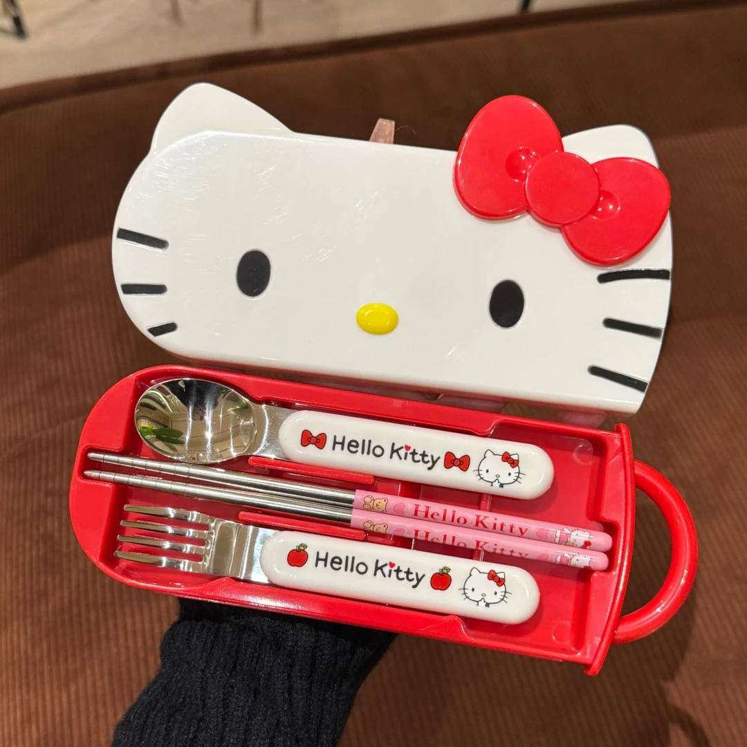 kitty筷子勺子套装一人用餐具收纳盒不锈钢便携式三件套