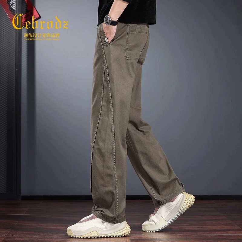 法国Cebrodz高端美式复古休闲裤男秋季宽松直筒裤水洗拼接工装裤