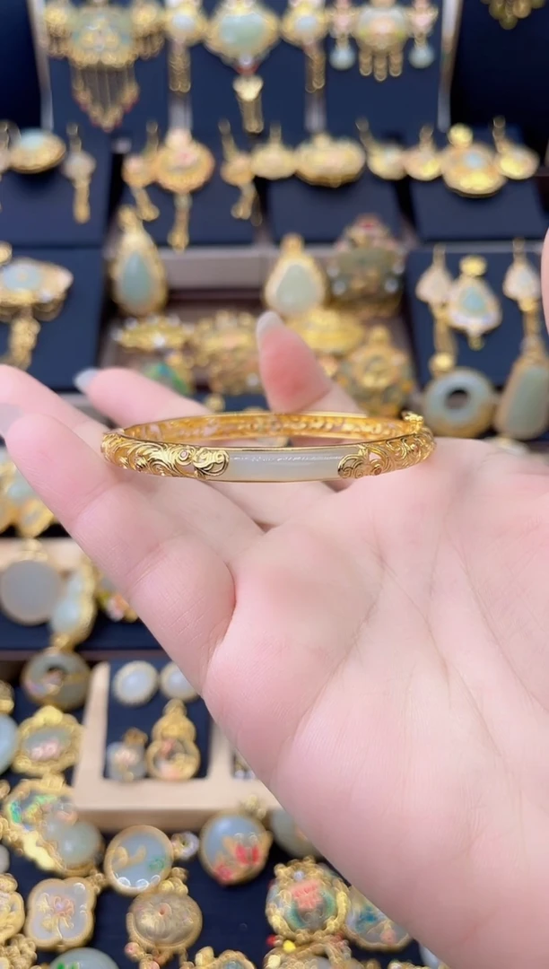 项圈银S925镀金镶嵌和田玉花丝镂空竹节手镯