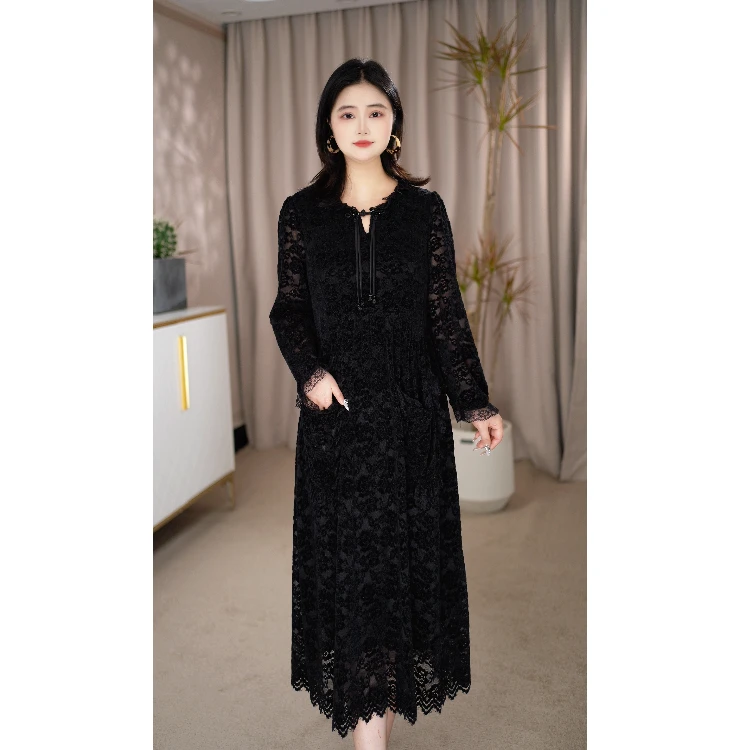 【晴紫专属】C036黑色重工蕾丝大码连衣裙女2025气质显瘦宽松连衣裙