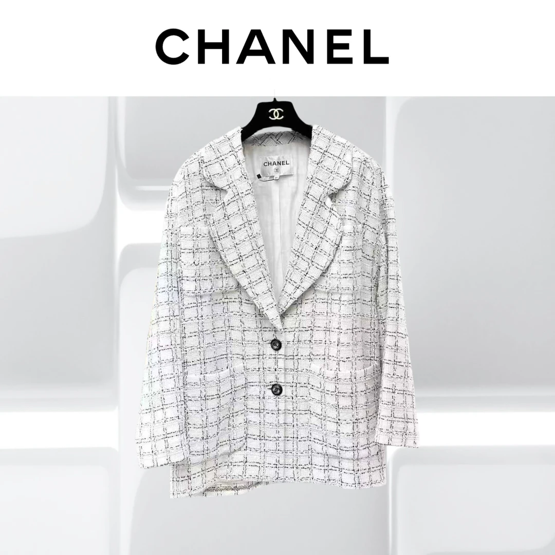99新 Chanel/香奈儿 34码 黑白格子斜纹软呢廓形外套