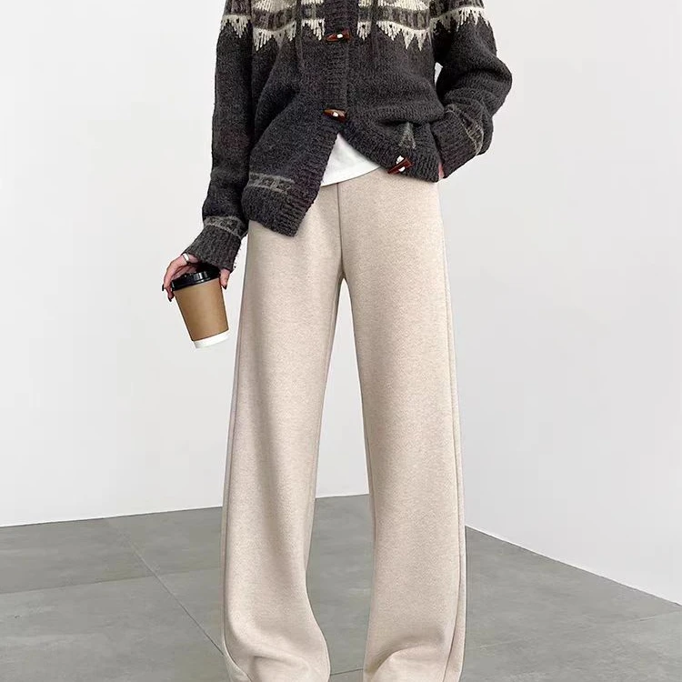 春秋高腰人字文加厚阔腿薄款直筒裤