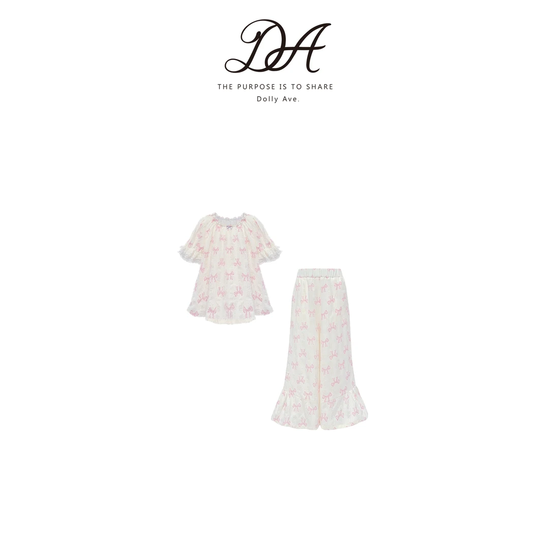 【现货】DollyAve「黑标家居系列」轻奢天丝混纺蝴蝶结花边袖女童套装