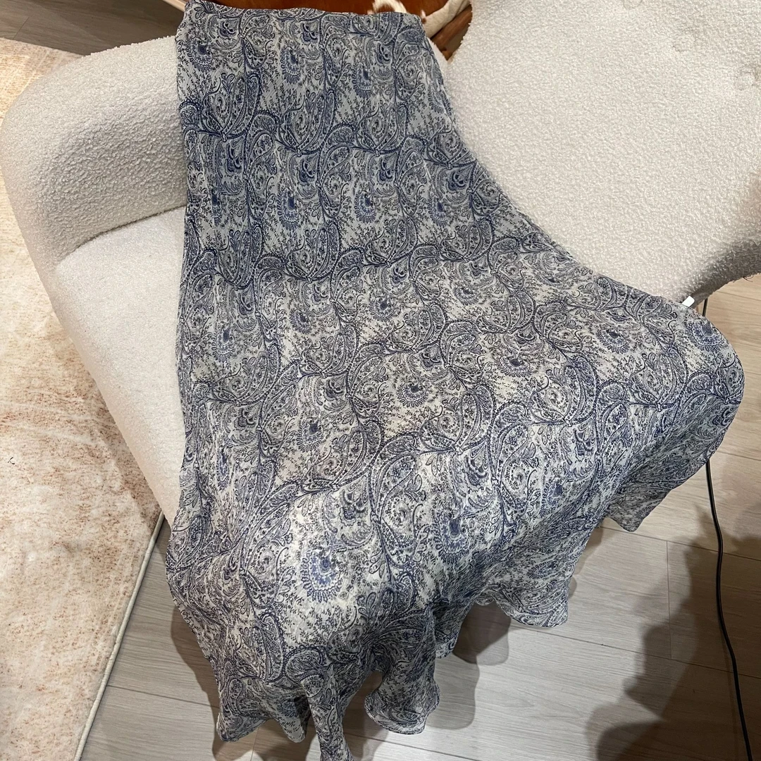 【青花瓷】小众设计高品质印花半身裙显腿长显气质透纱长裙9835
