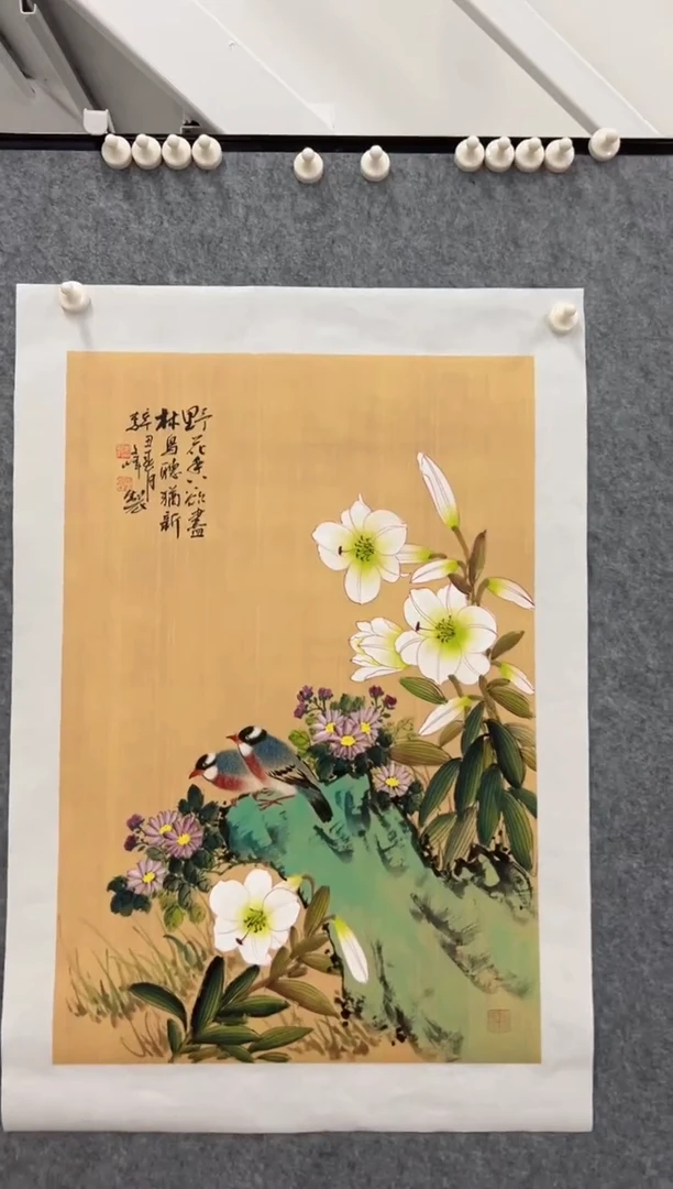 国画李文峰四尺三开仿古工笔花鸟