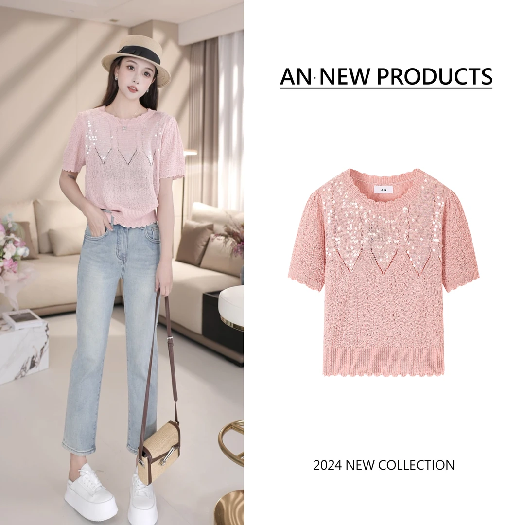 【朗姆红茶】B3084小众设计时尚亮片小清新镂空套头针织衫