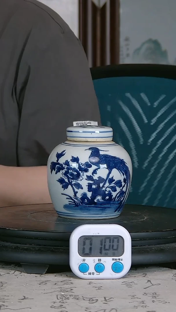 万*保青花精绘花鸟图罐