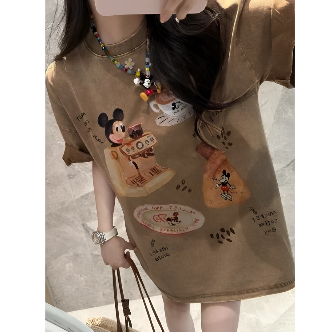 减龄洗水米奇款小众减龄显瘦短袖宽松T恤美拉德ins欧美上衣