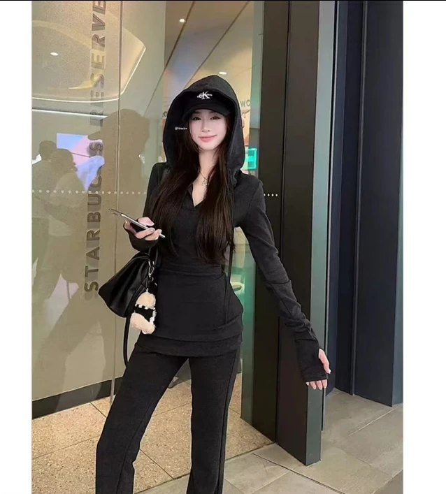 【辣妹两件套】美式深灰色修身连帽卫衣套装冬季高腰微喇休闲裤