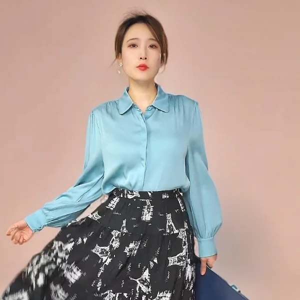 桑忆（上衣）100桑蚕丝时尚百搭通勤衬衫长袖纯色气质上衣 825009