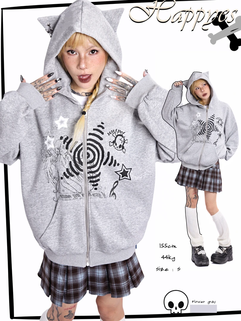 happyes"漩涡五角星"洗水复古猫耳甜酷美式复古拉链卫衣连帽外套