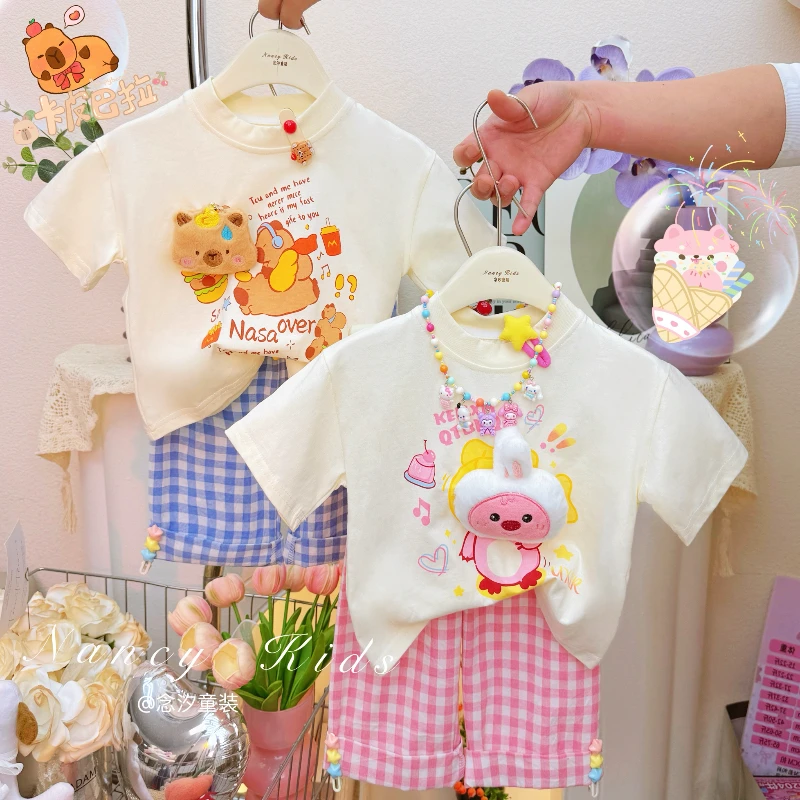 【卡皮巴拉& Loppy露比】亲子男女童新款夏季立体玩偶纯棉短袖套装