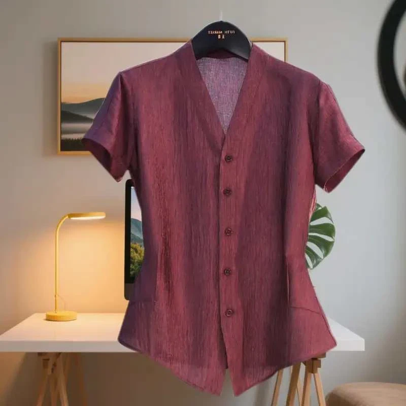 2025夏季新款时尚珠光锻醋酸混纺V领收腰气质显瘦短袖衬衫女