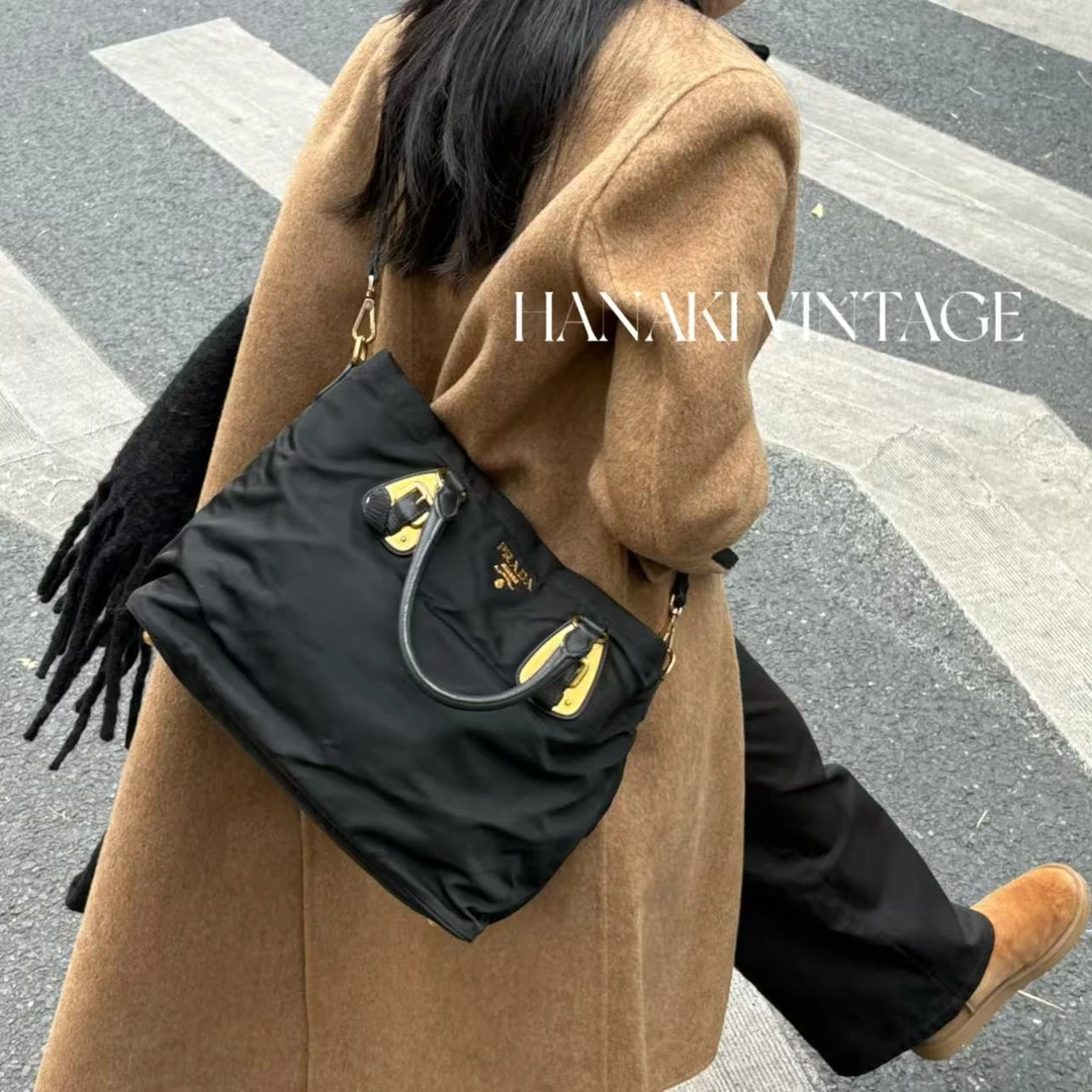 95新 Prada/普拉达 花绮中古/Prada黑金托特腋下斜挎单肩包