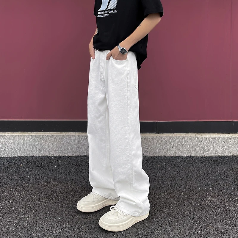 春夏季氛围感cleanfit白色牛仔裤男女同款欧若窄版阔腿裤男生子